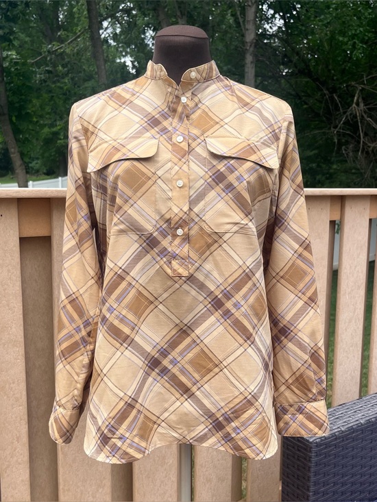 Lauren Ralph Lauren Tops - Lauren Ralph Lauren Women’s Beige Lilac Plaid Long Sleeve Mock Neck Blouse Sz S
